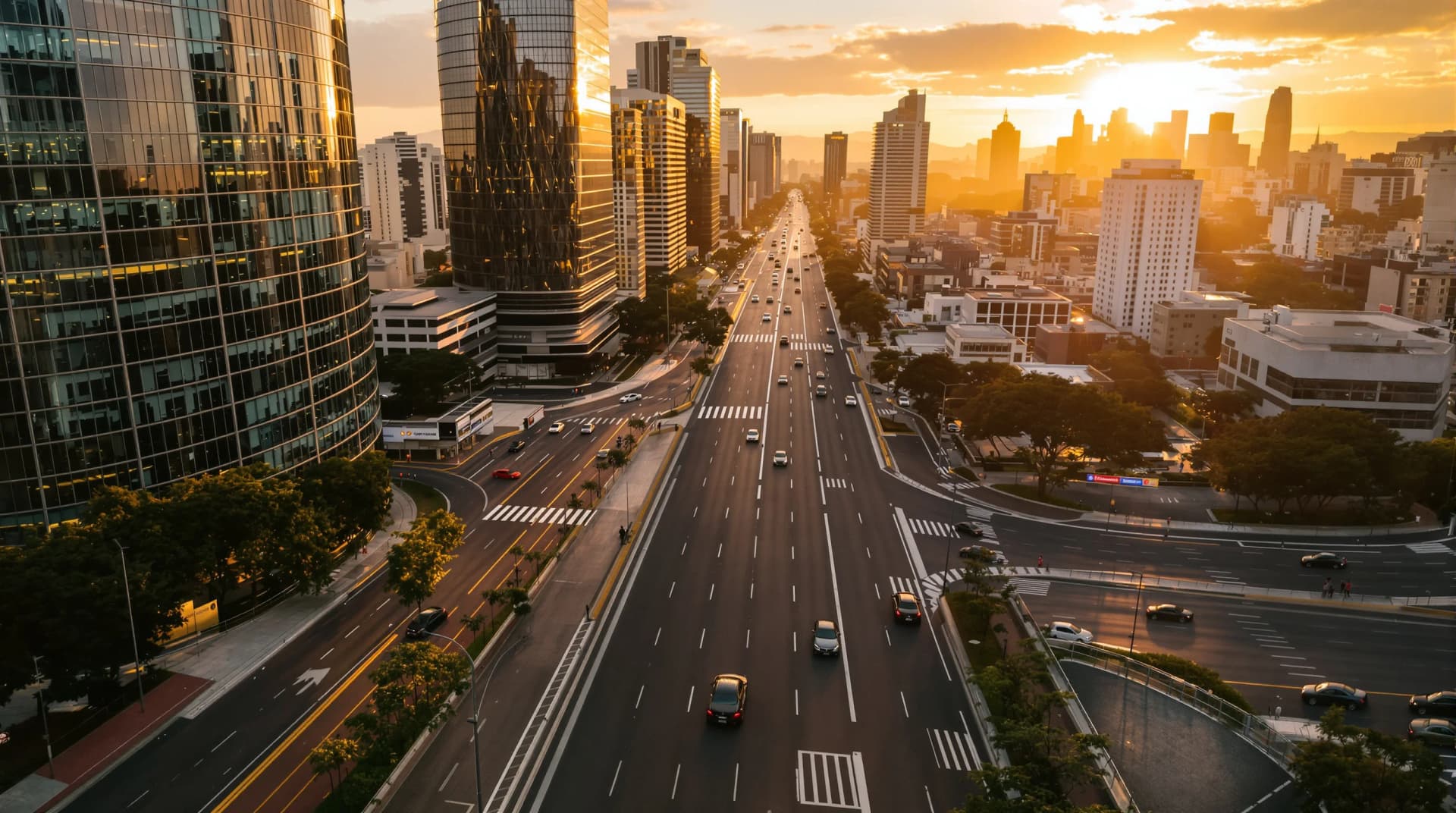 Sao Paulo financial district at golden hour with modern skyscrapers and Paulista Avenue