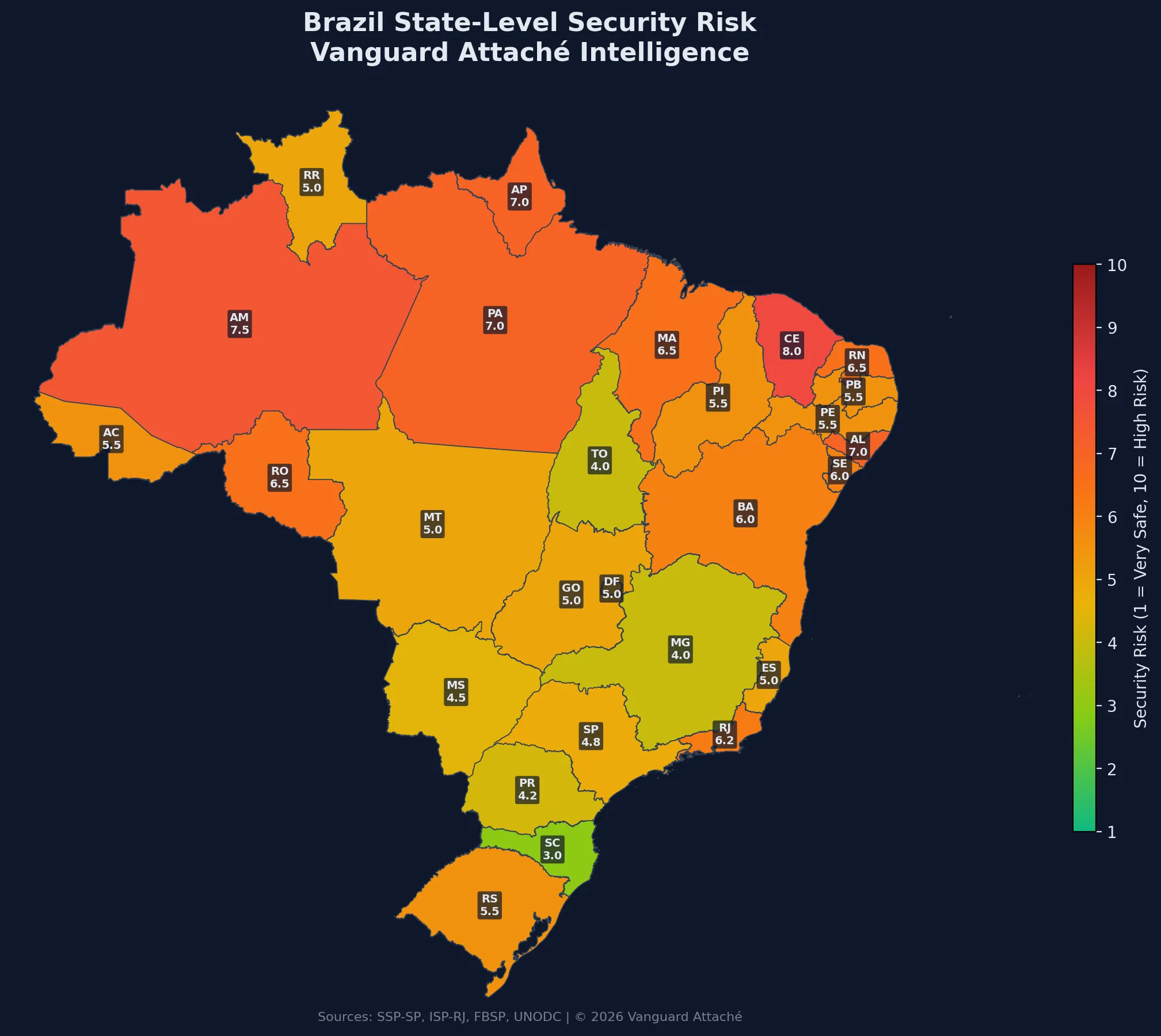 Brazil state security map classified by homicide rate