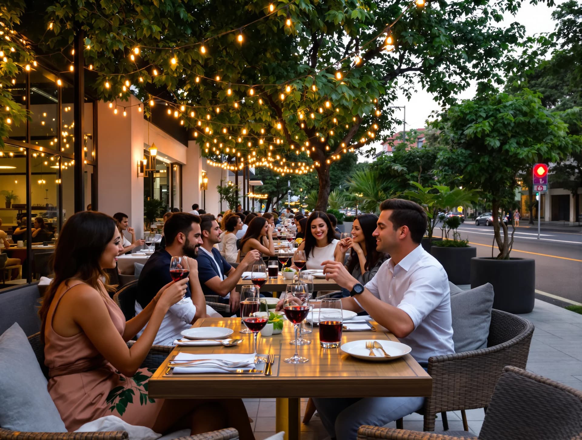 Upscale outdoor dining in São Paulo Jardins neighborhood with tree-lined streets and evening lighting