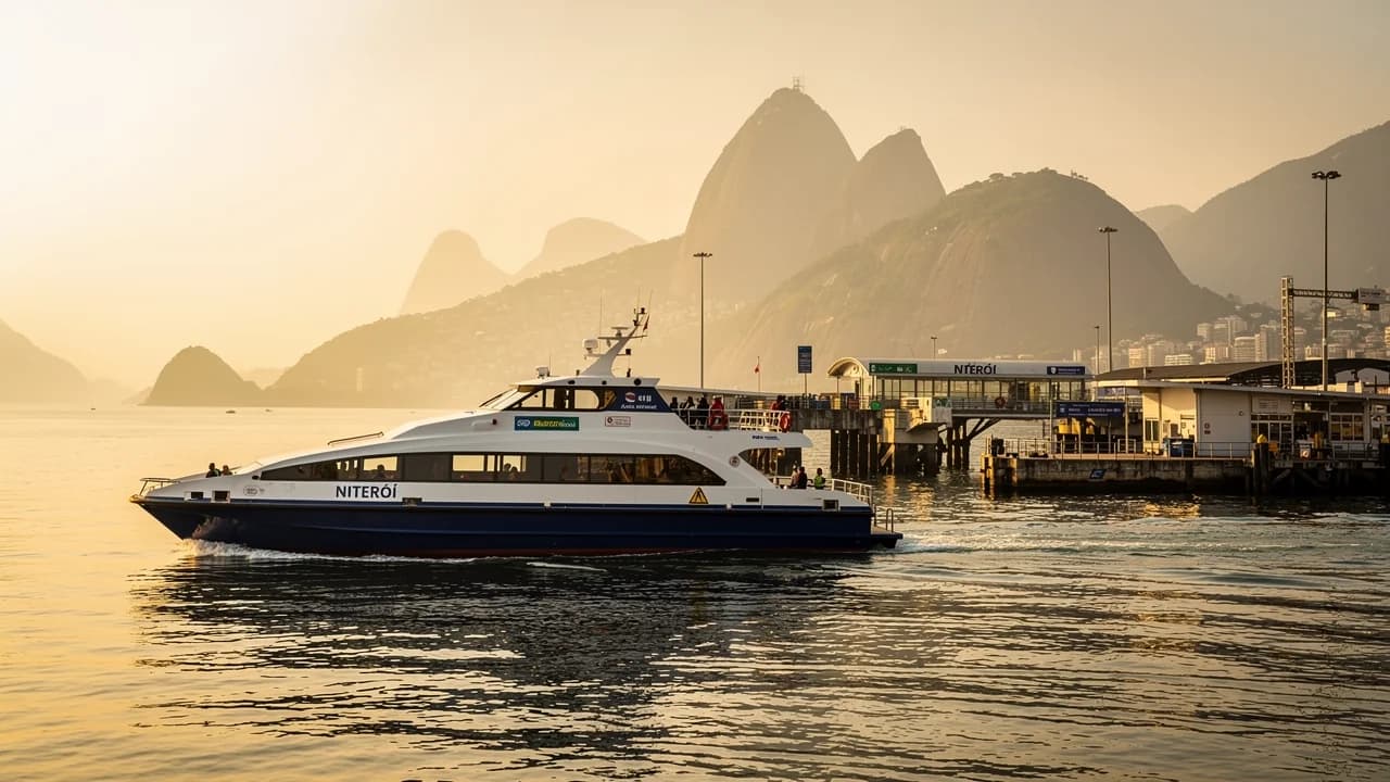 Ferry crossing Guanabara Bay toward Niterói at golden hour