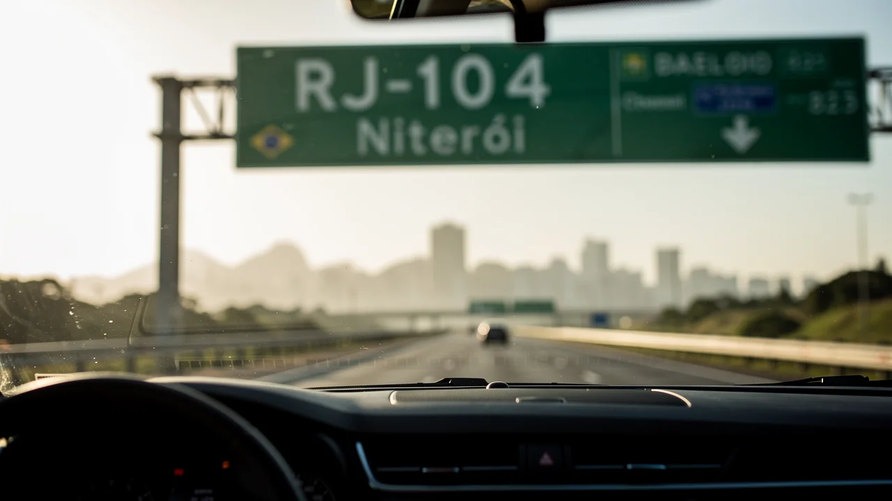 View from inside a sedan on highway RJ-104 with road sign visible and Niterói skyline in the distance