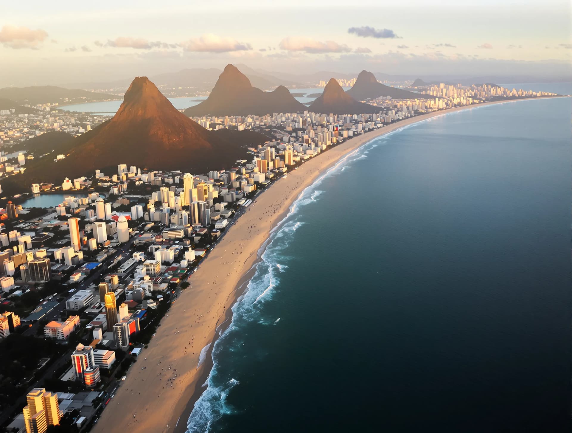 Rio de Janeiro Zona Sul coastline showing Copacabana, Ipanema, and Leblon neighborhoods during golden hour