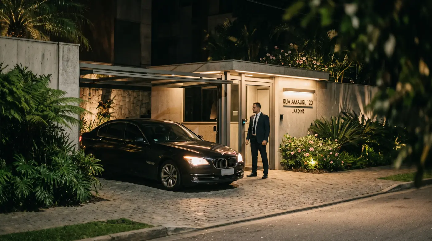 A premium gated residential entrance in São Paulo at night: a stationary executive vehicle and a discreet operator in position, the two-touch pre-clear protocol at the moment of arrival.