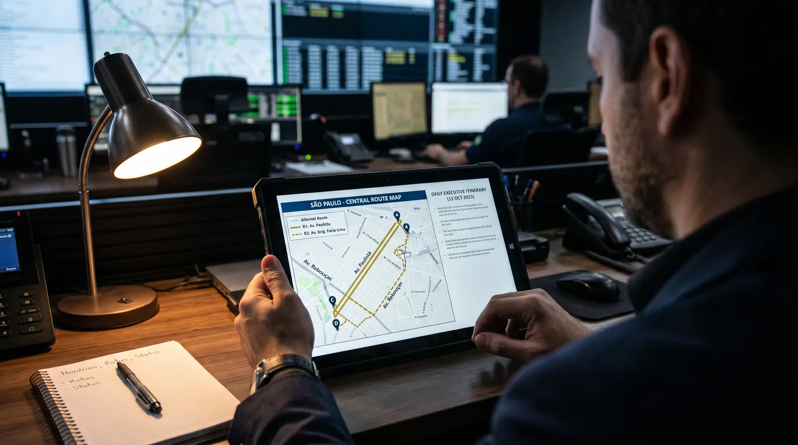 An over-the-shoulder view of a São Paulo route map and itinerary on a tablet with the city’s core avenues marked: itinerary-slack planning around June avenue closures.