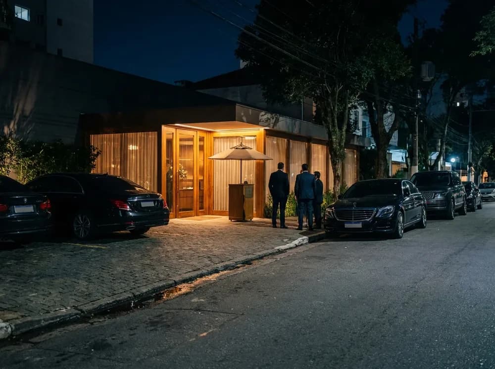 Valet line and curb outside a São Paulo Jardins restaurant at night.