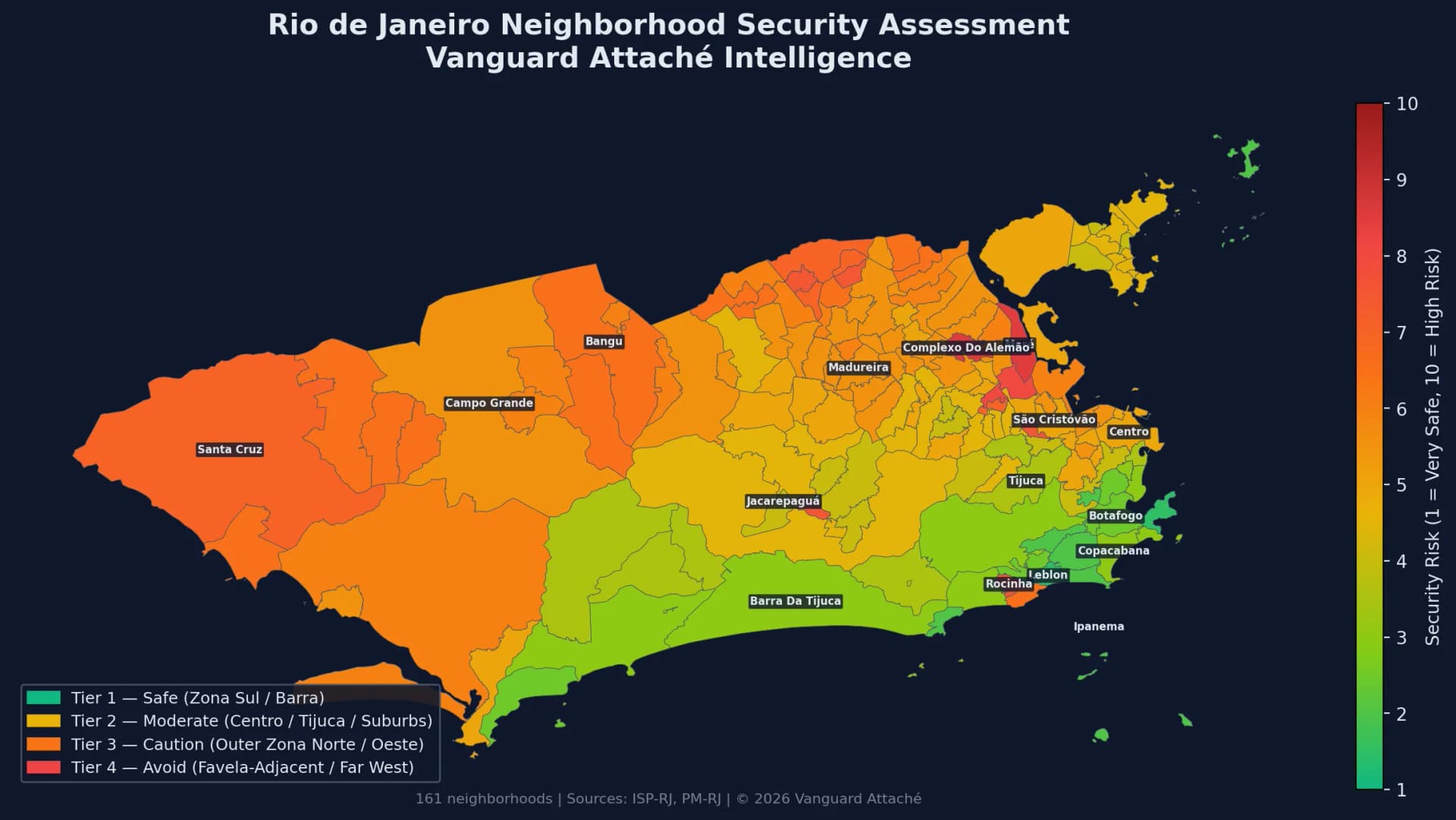 Security map of Rio de Janeiro's 161 neighborhoods with 4-tier risk classification — Vanguard Attaché
