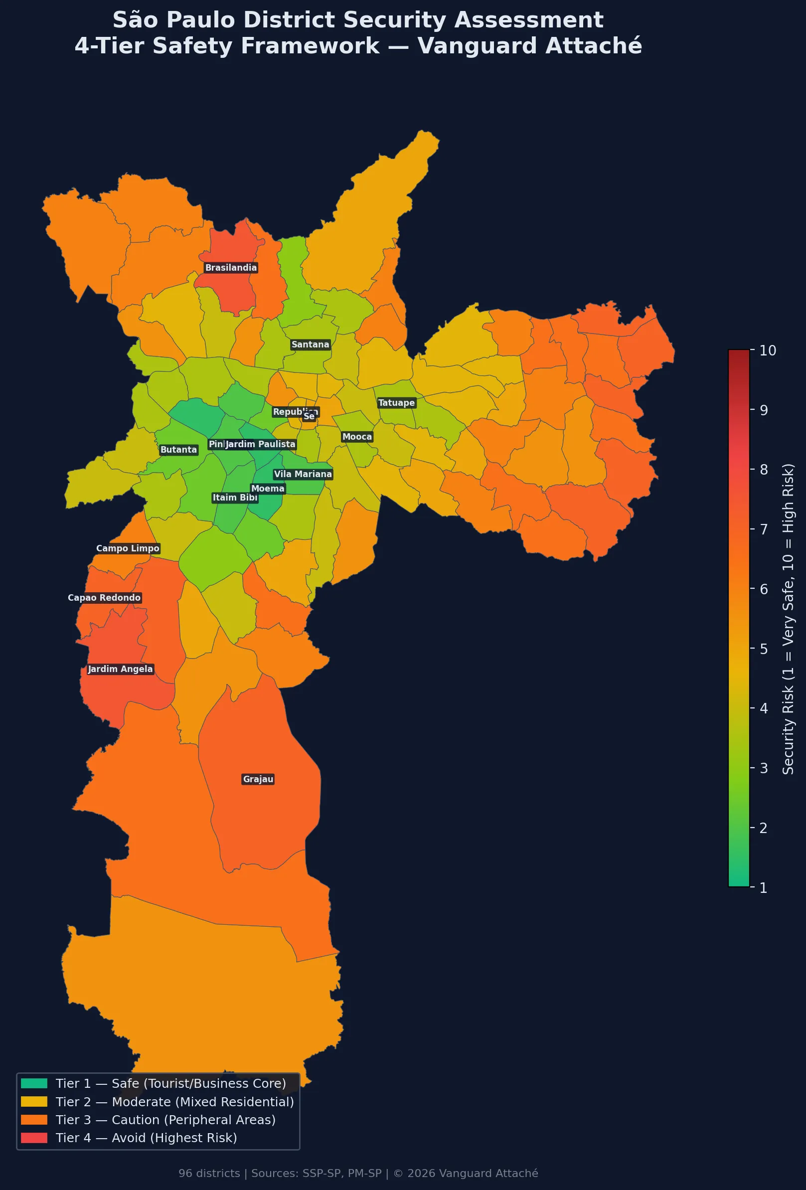 Security map of São Paulo's 96 districts with 4-tier risk classification — Vanguard Attaché