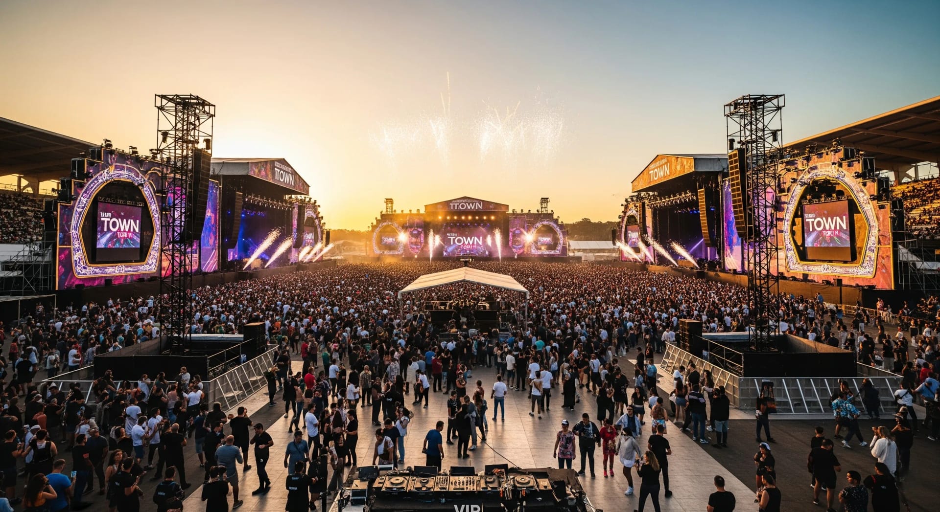 Autódromo de Interlagos at nightfall — The Town begins, stages lit, the crowd settling in