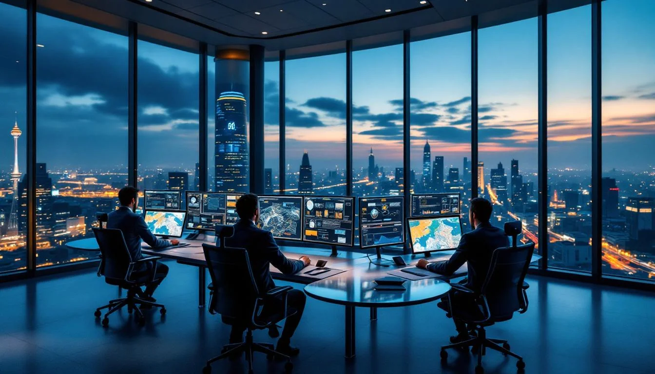 A quiet operations room before the movement — monitors lit, drivers on standby