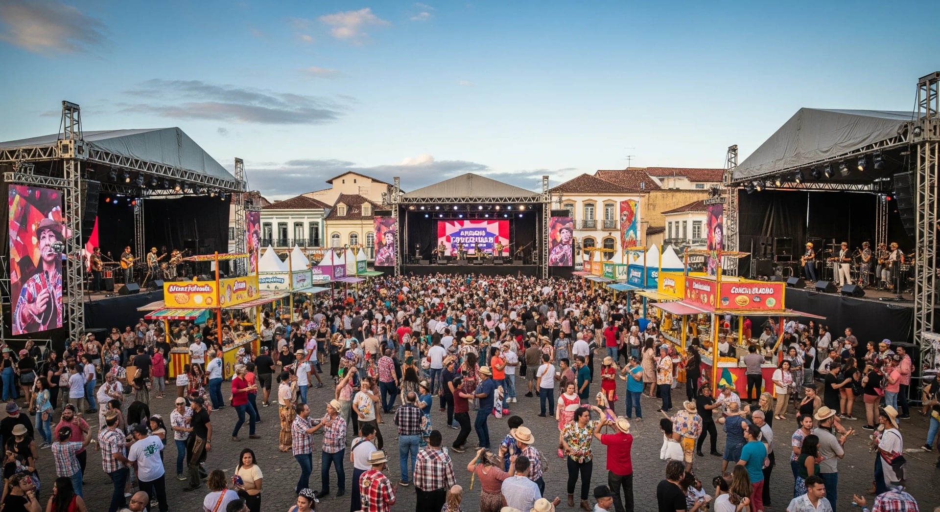 Panoramic view of São João Campina Grande - Illuminated stages, animated crowd dancing forró, traditional northeastern food stalls, and historic Campina Grande architecture in background
