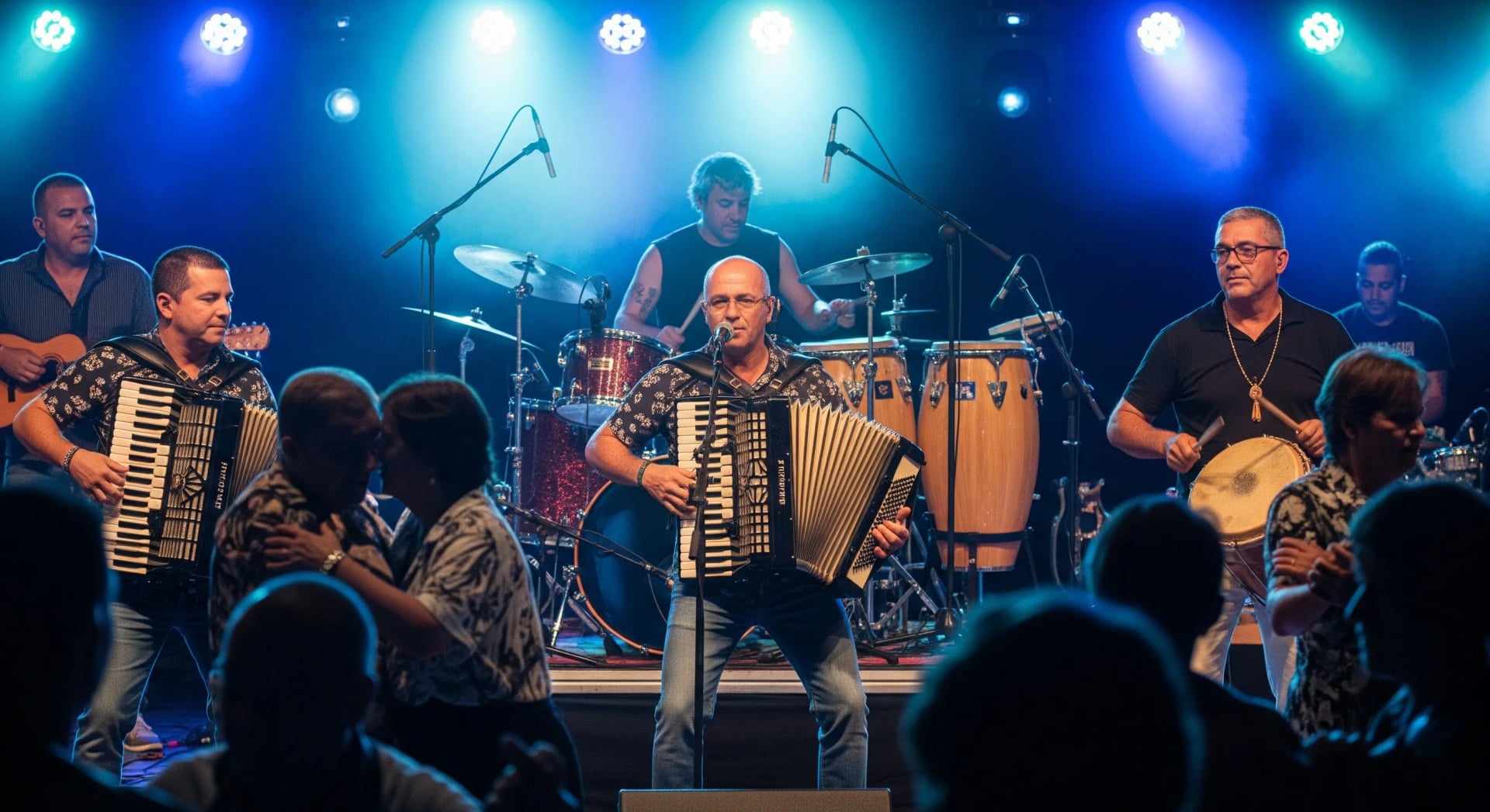 Main forró stage with musicians playing accordion, zabumba and triangle, crowd dancing to northeastern Brazilian music rhythm