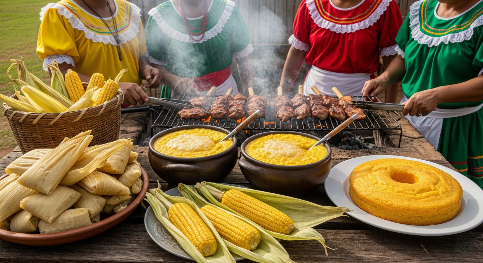 Traditional northeastern dishes: golden canjica, fresh pamonha, homemade corn cake, and traditional barbecue being prepared