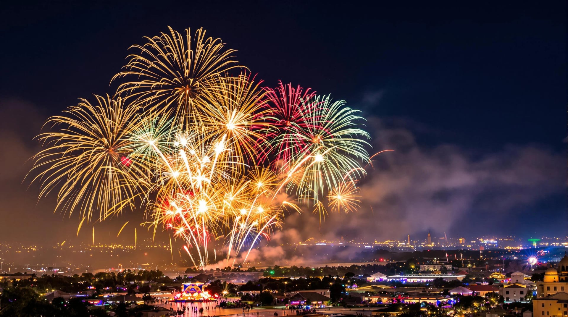Colorful fireworks exploding in Campina Grande night sky, synchronized with forró music, creating dazzling visual spectacle