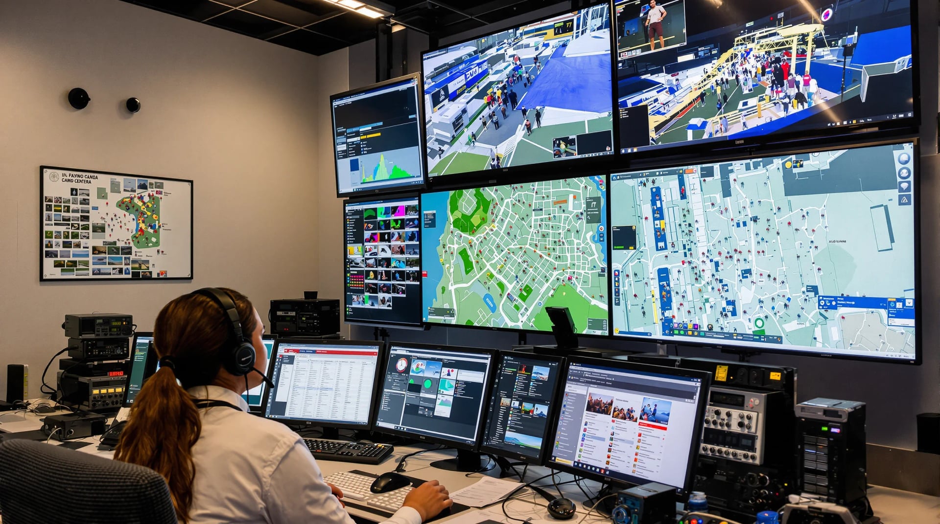 Festival operations center in action, monitors showing multiple venues, team coordinating VIP movements, and rapid emergency response
