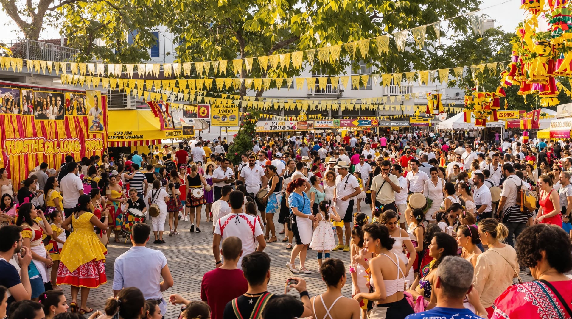 Public festival area with diverse crowd, traditional food stalls, music stages, and authentic festive atmosphere
