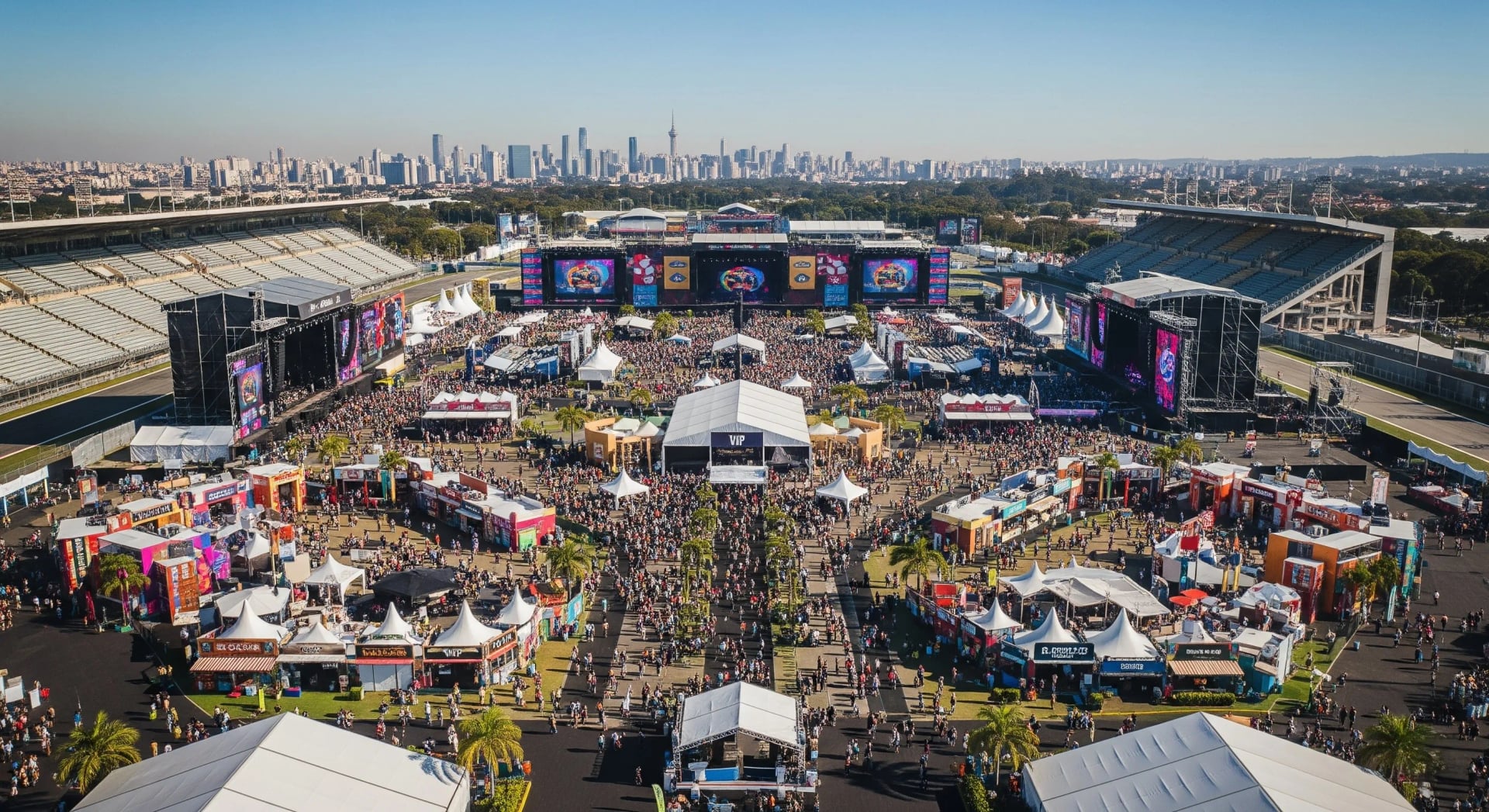 The Town 2025 Music City Complex - Aerial view of Autódromo de Interlagos transformed into mega festival, multiple stages, and 350,000 m² area