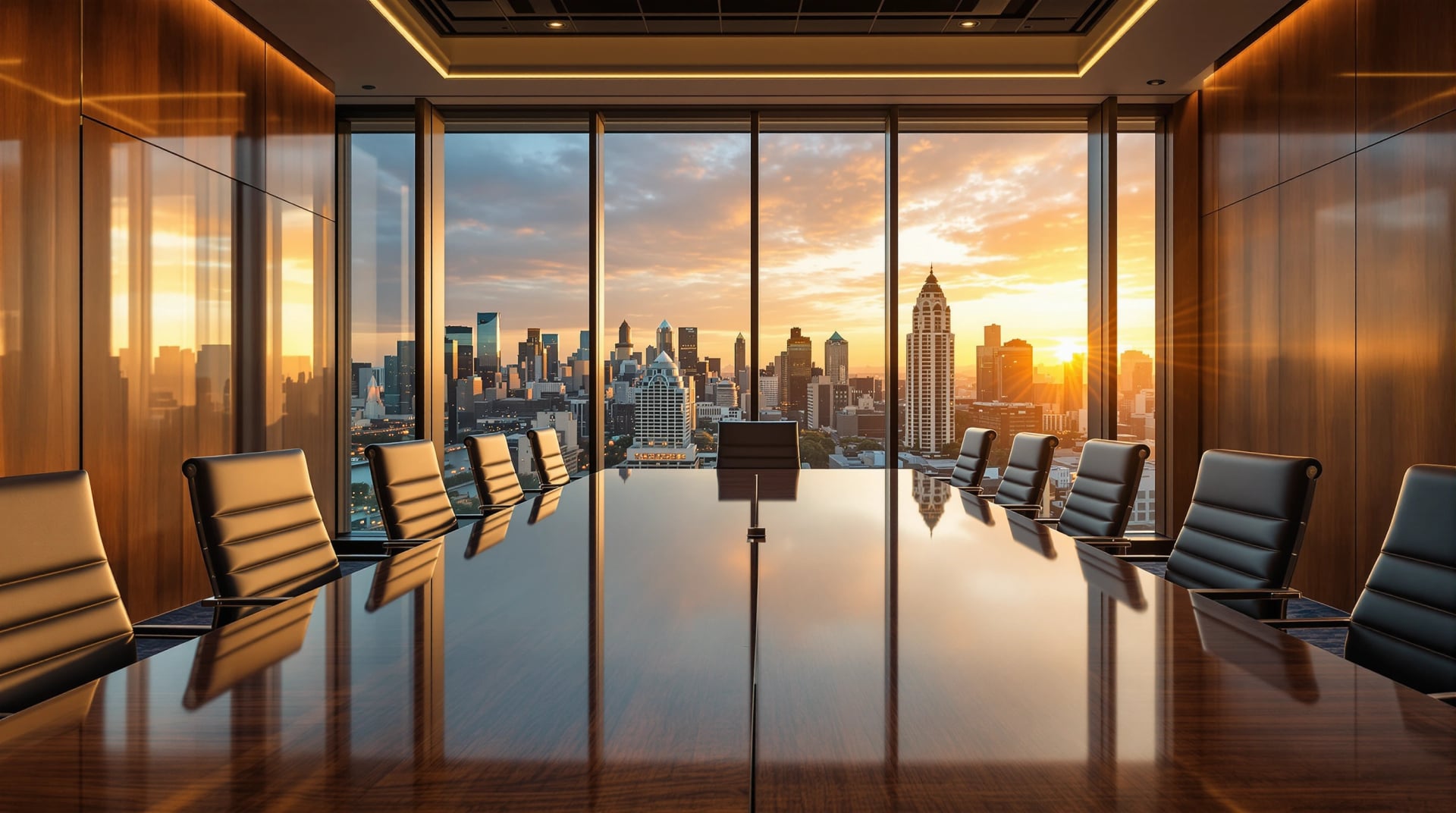 São Paulo financial district at dusk, seen from a tenth-floor boardroom