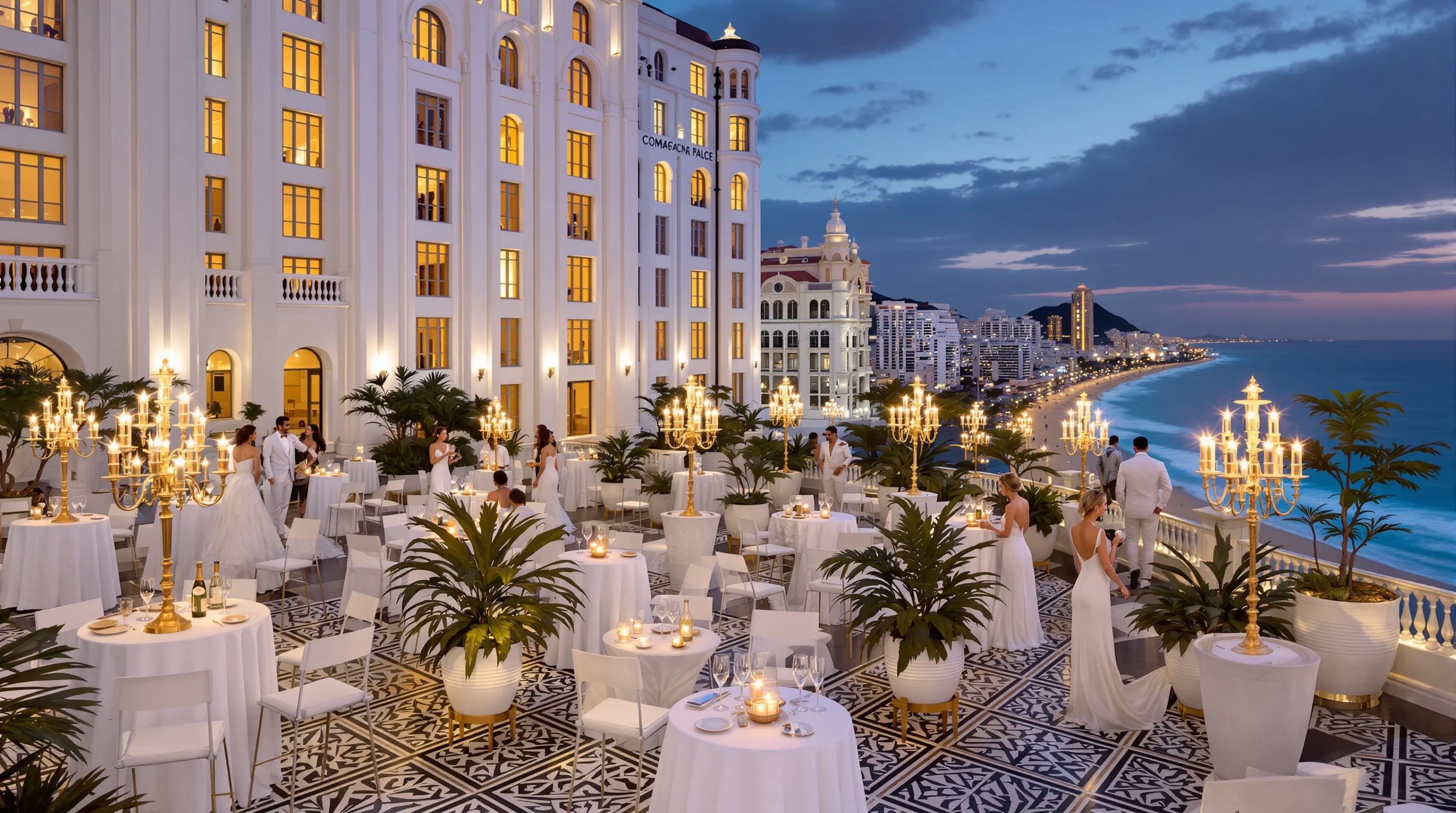 Luxury Copacabana Palace Hotel rooftop terrace with exclusive Réveillon viewing party and VIP guests