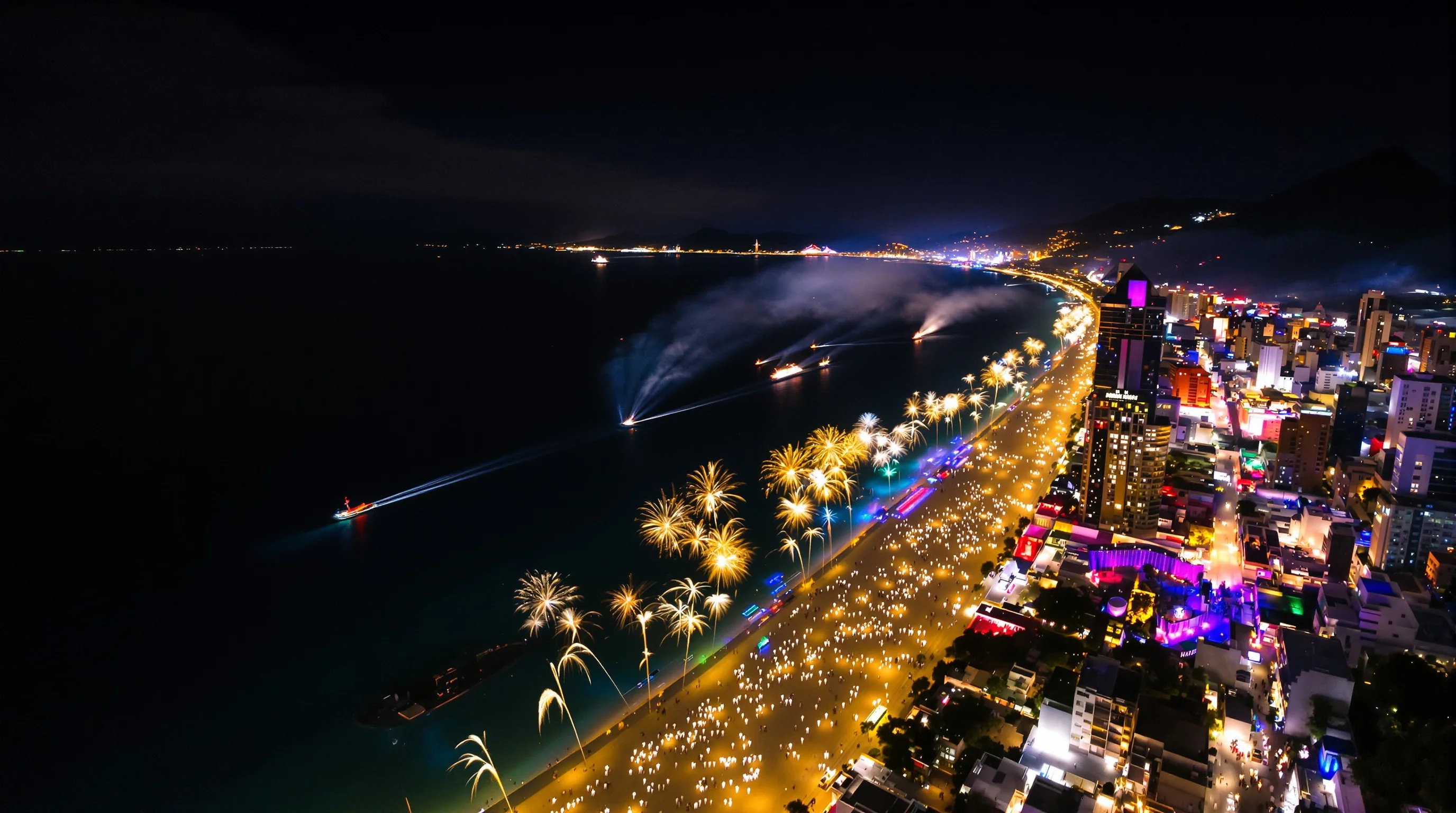 Panoramic view of 12-minute Rio Réveillon fireworks display over Guanabara Bay with Copacabana Beach illuminated