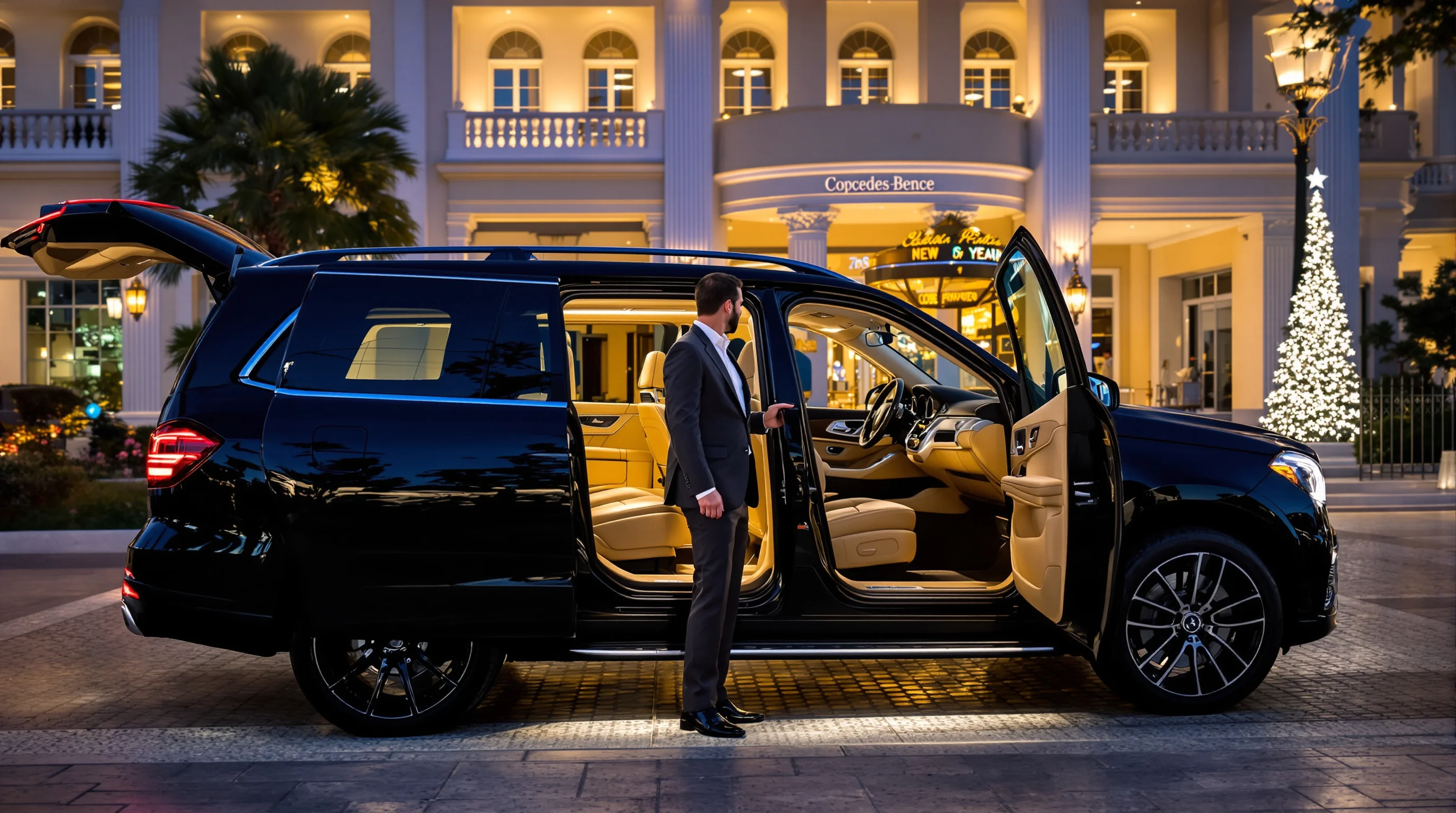 Luxury armored SUV with security team conducting secure VIP transport through Rio de Janeiro during Réveillon