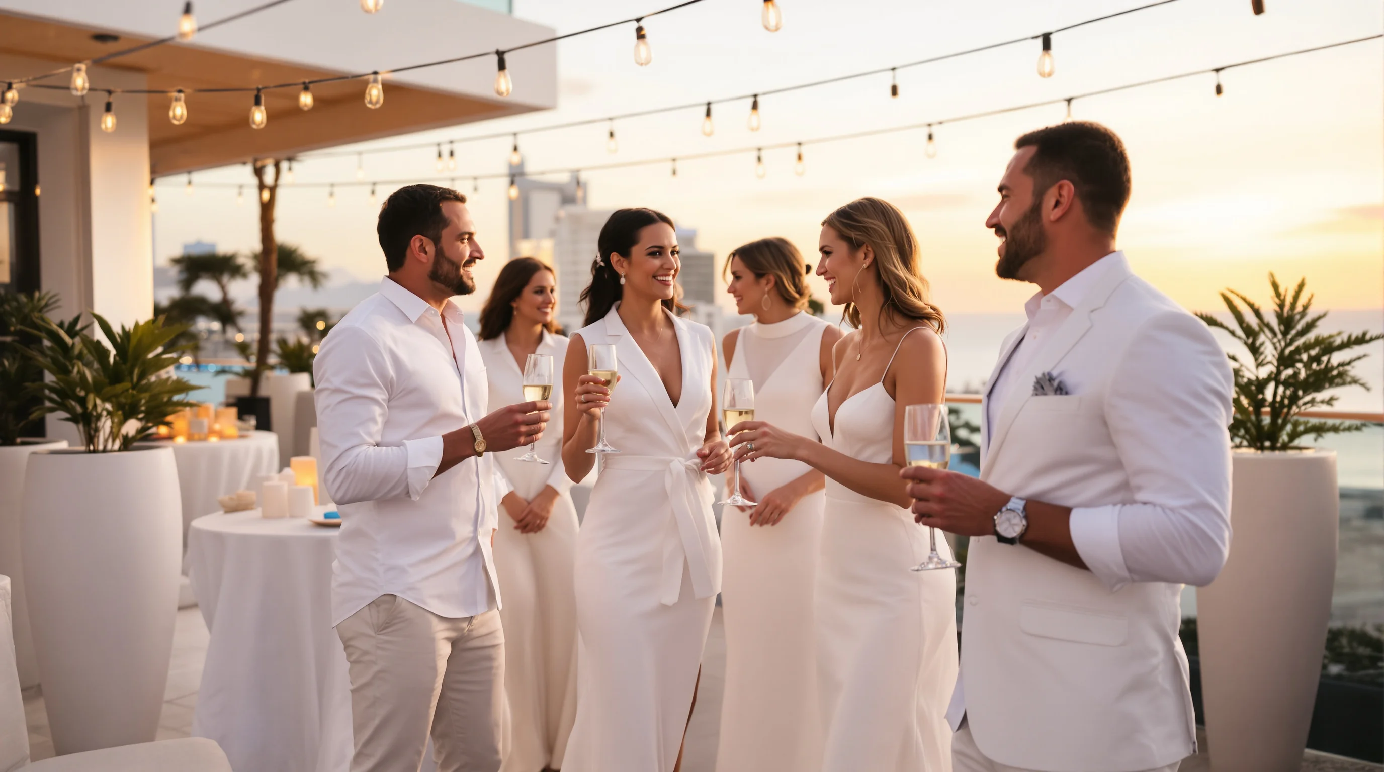 VIP guests in elegant white linen attire at luxury beachfront event during Rio Réveillon celebration